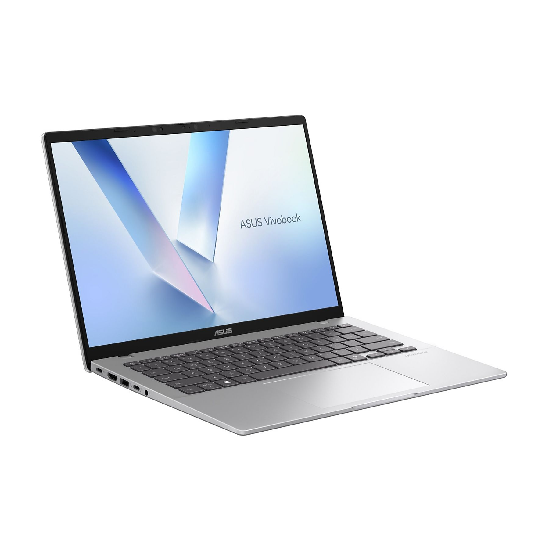 Un laptop Asus Vivobook argentato, aperto e visto da un'angolazione.