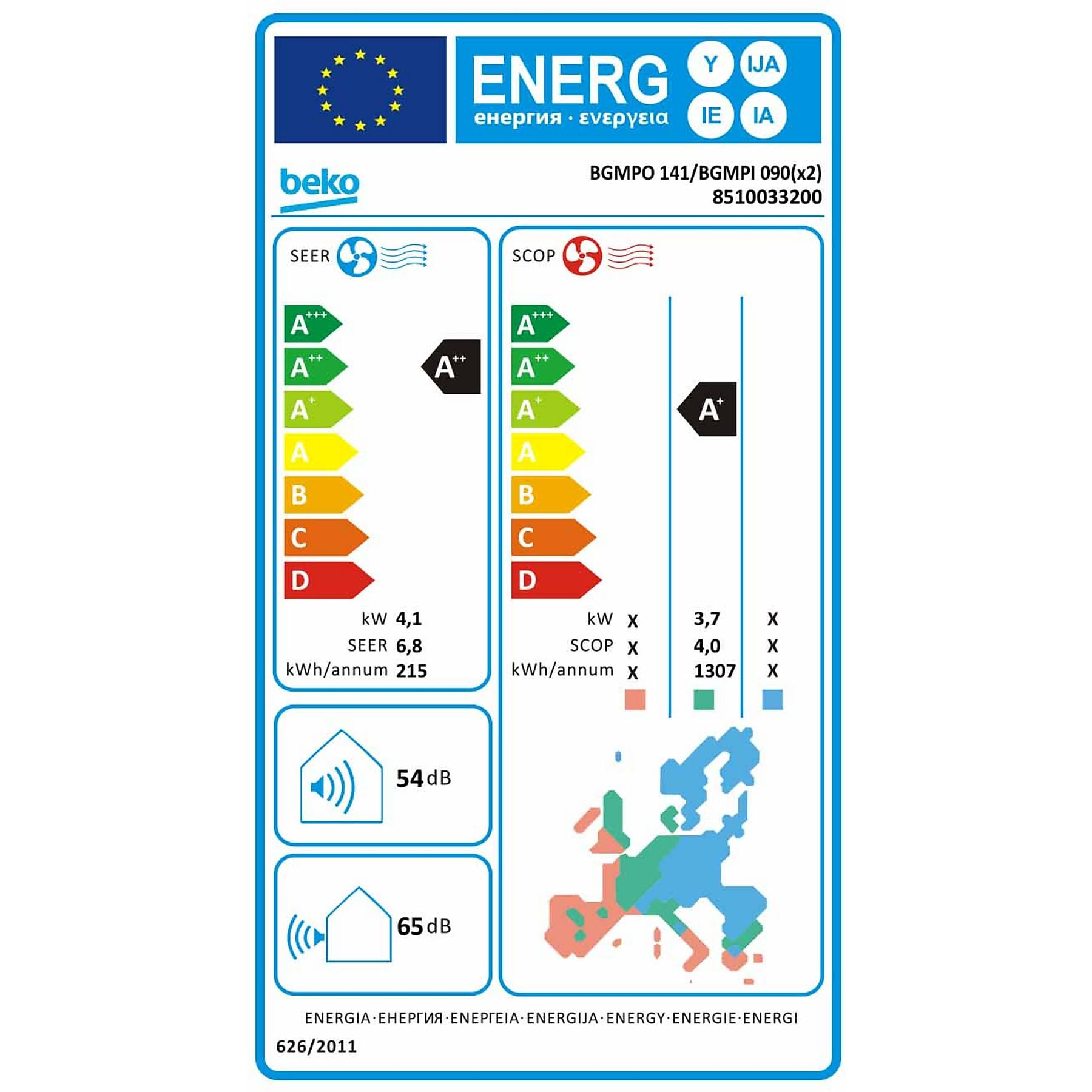 Etichetta energetica Beko AC, classe A++, con valori SEER/SCOP e livelli di rumore.