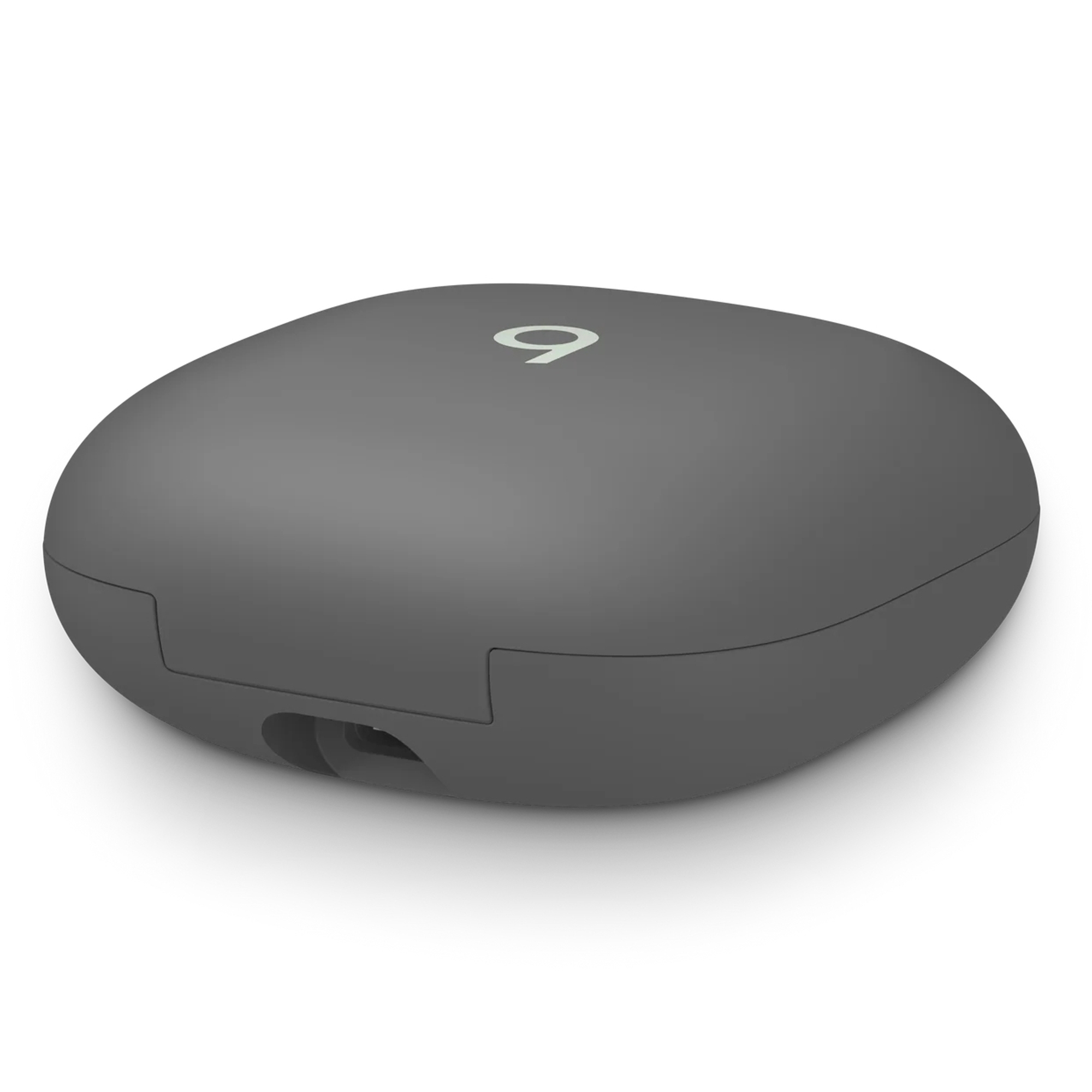 Szara ładowarka z jasnym logo, cień na białym tle.