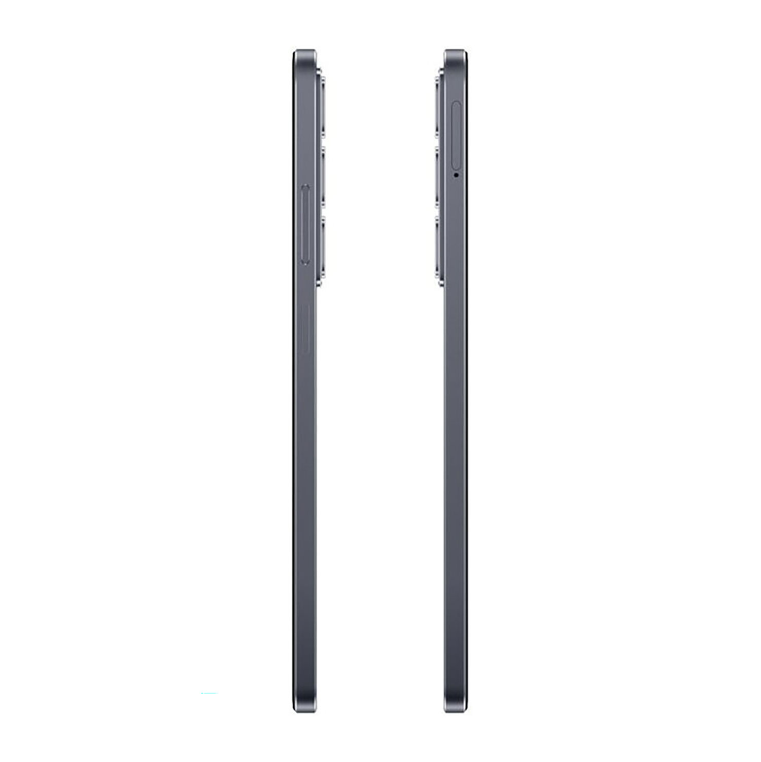 Dwa szare smartfony obok siebie, widok z boku, na białym tle.