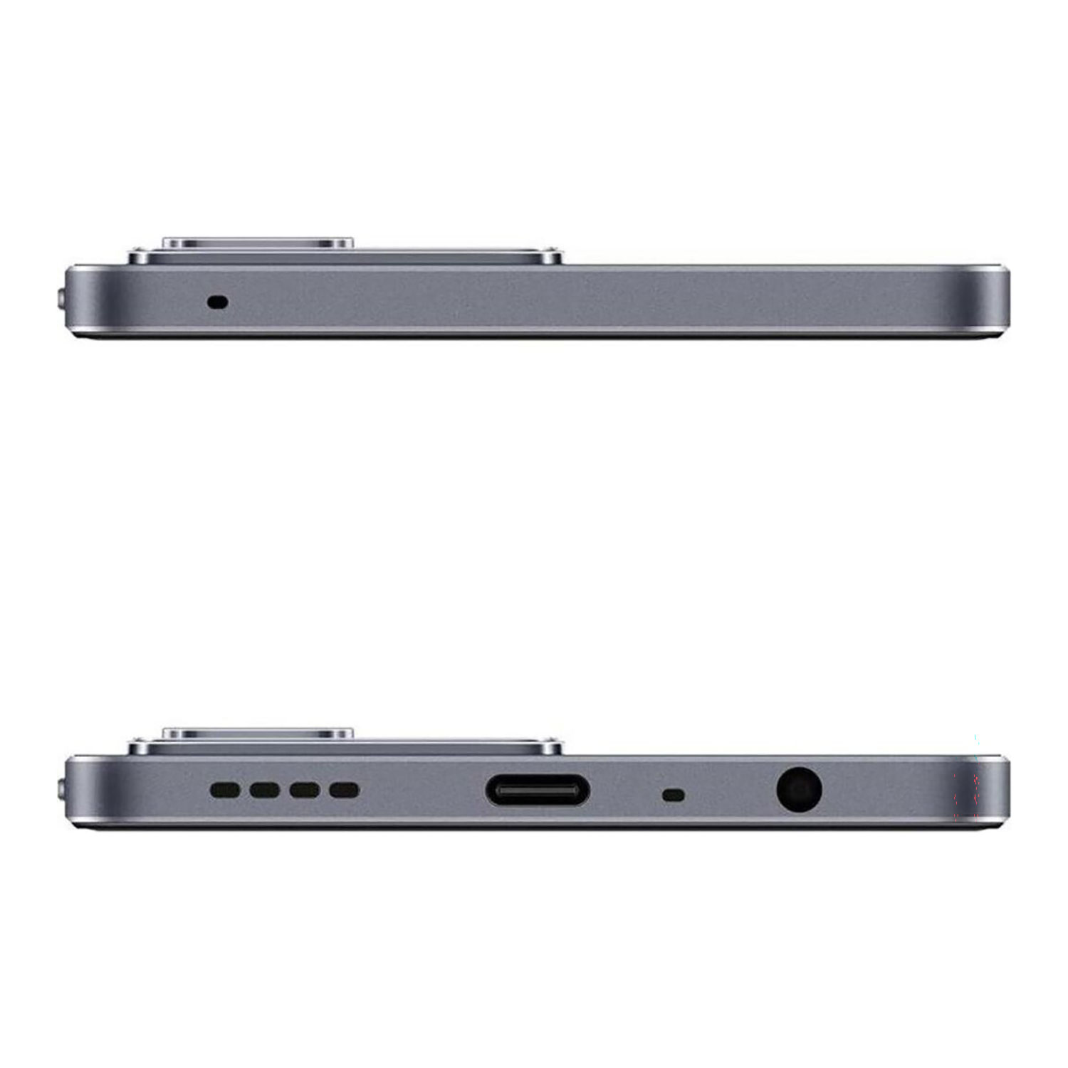 Szary smartfon z góry i z dołu, pokazujący porty i kratki głośnikowe.