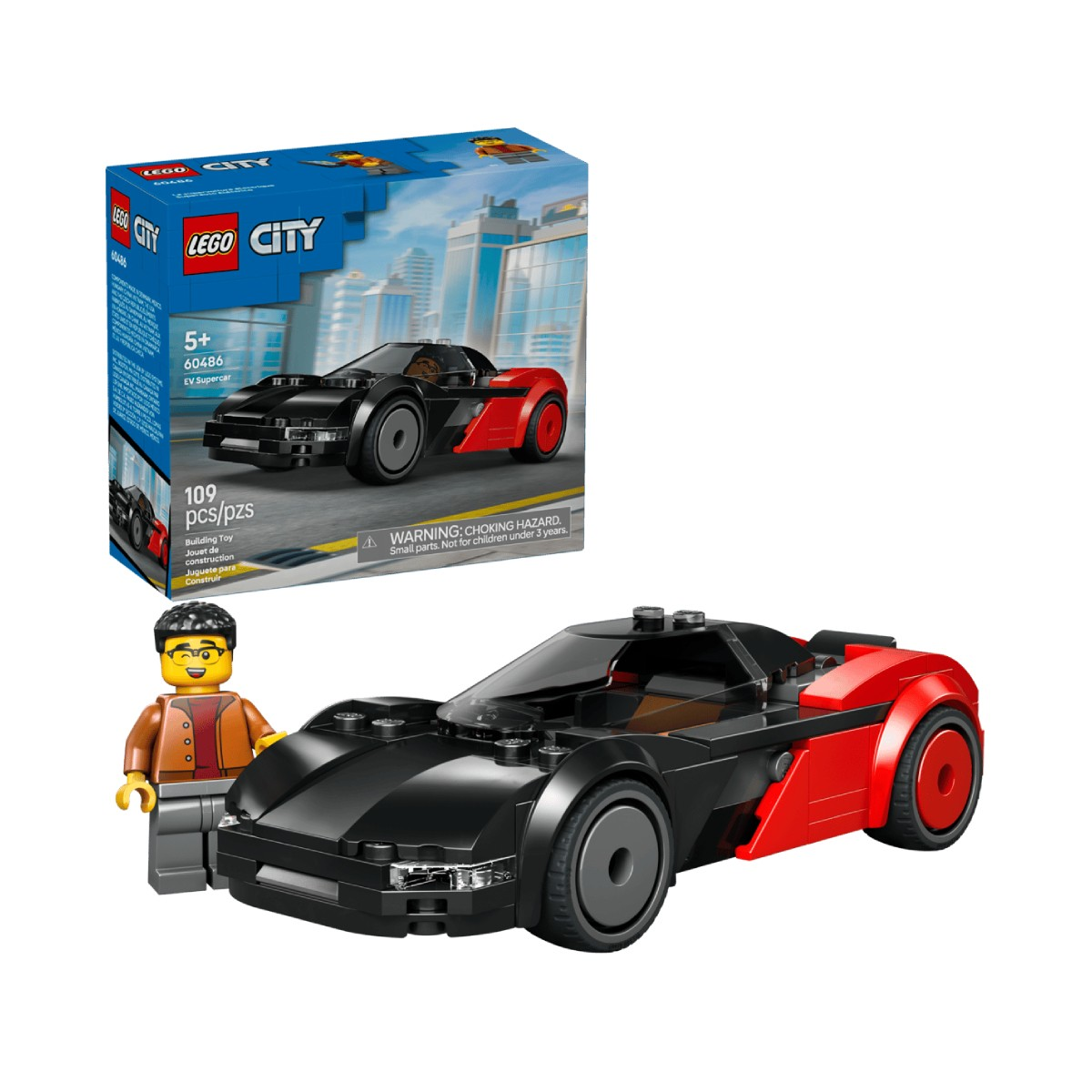 Zestaw Lego City EV Supercar z czarno-czerwonym samochodem zabawką i ludzikiem.