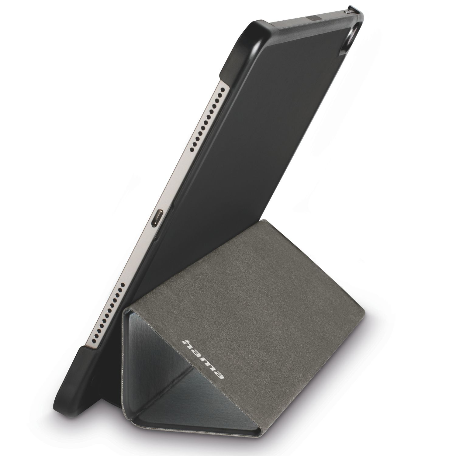 Szary tablet z czarną podstawką na białym tle.