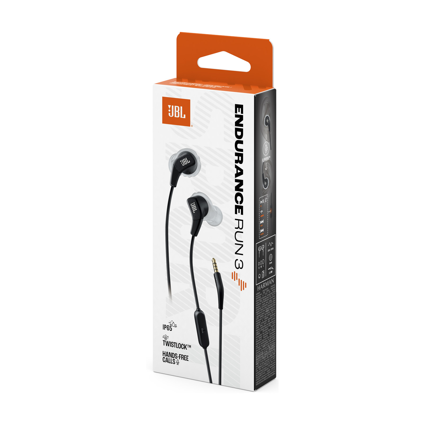 Confezione di auricolari JBL Endurance Run 3 con auricolari neri e cavo.
