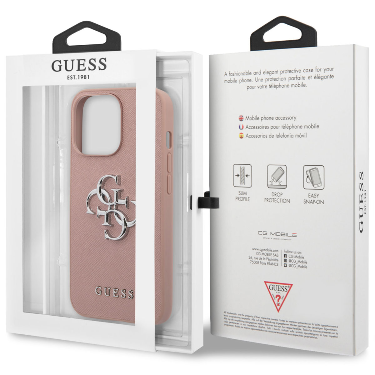 Una custodia rosa Guess con logo argento, confezionata in scatola di cartone.