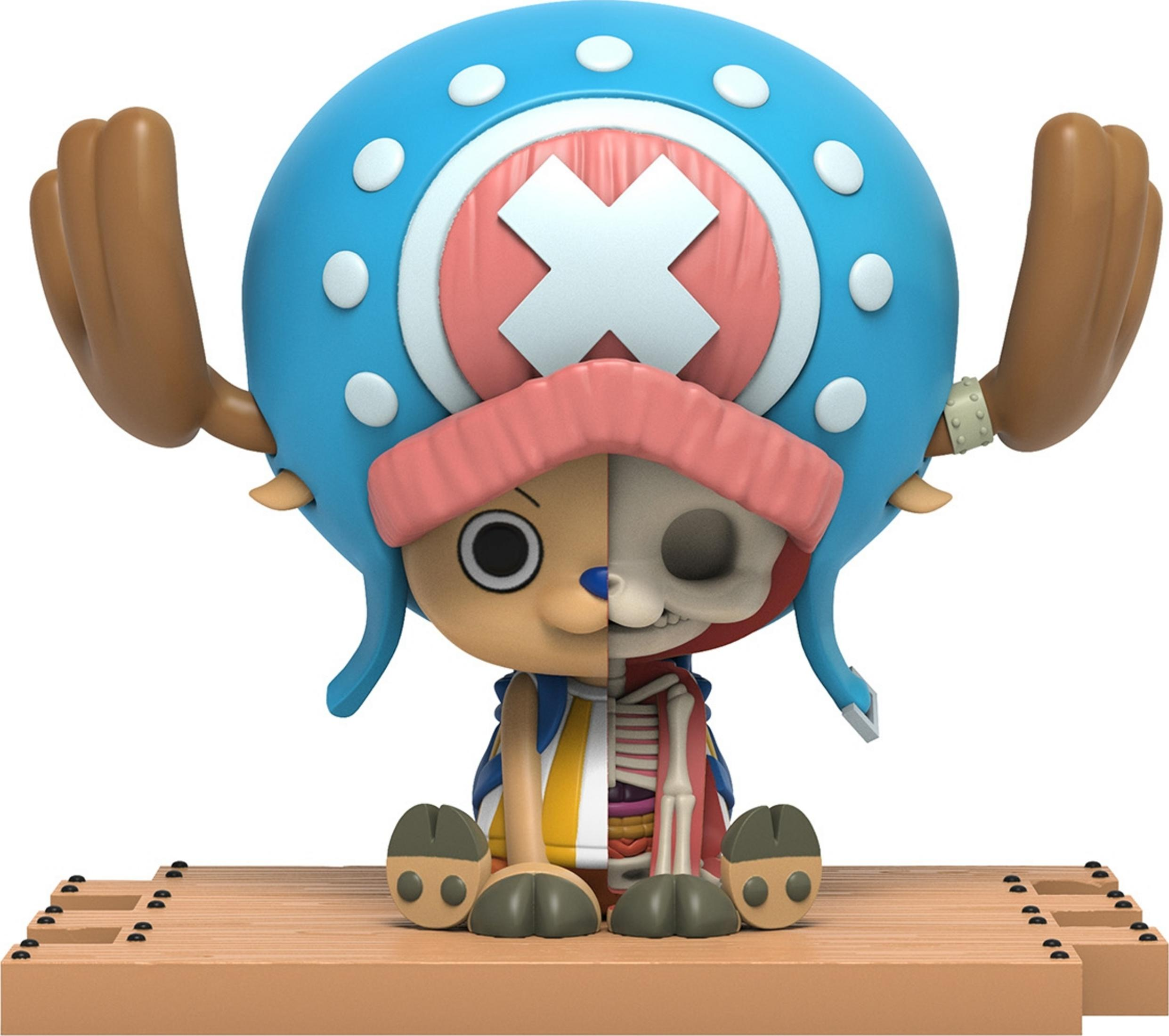 Un personaggio mezzo scheletro con cappello blu siede su una piattaforma di legno.