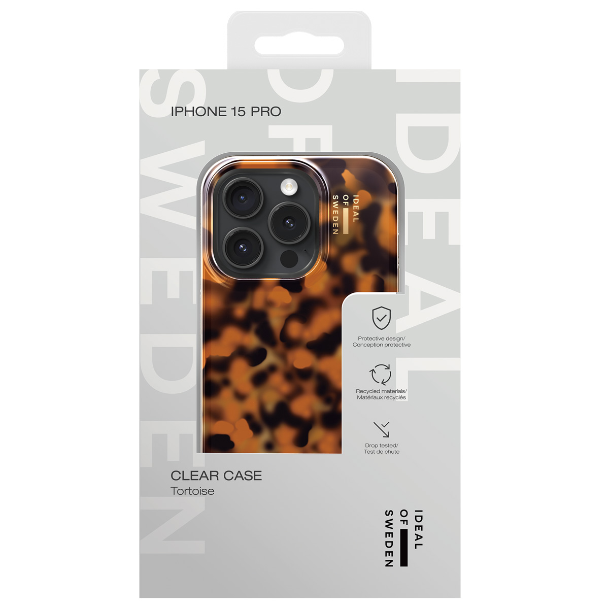 iPhone 15 Pro Hülle in Tortoiseshell-Optik mit dreifacher Kamera.