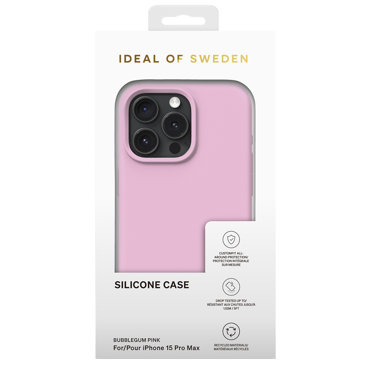 Verpackung für eine rosafarbene iPhone 15 Pro Max Hülle von Ideal of Sweden.