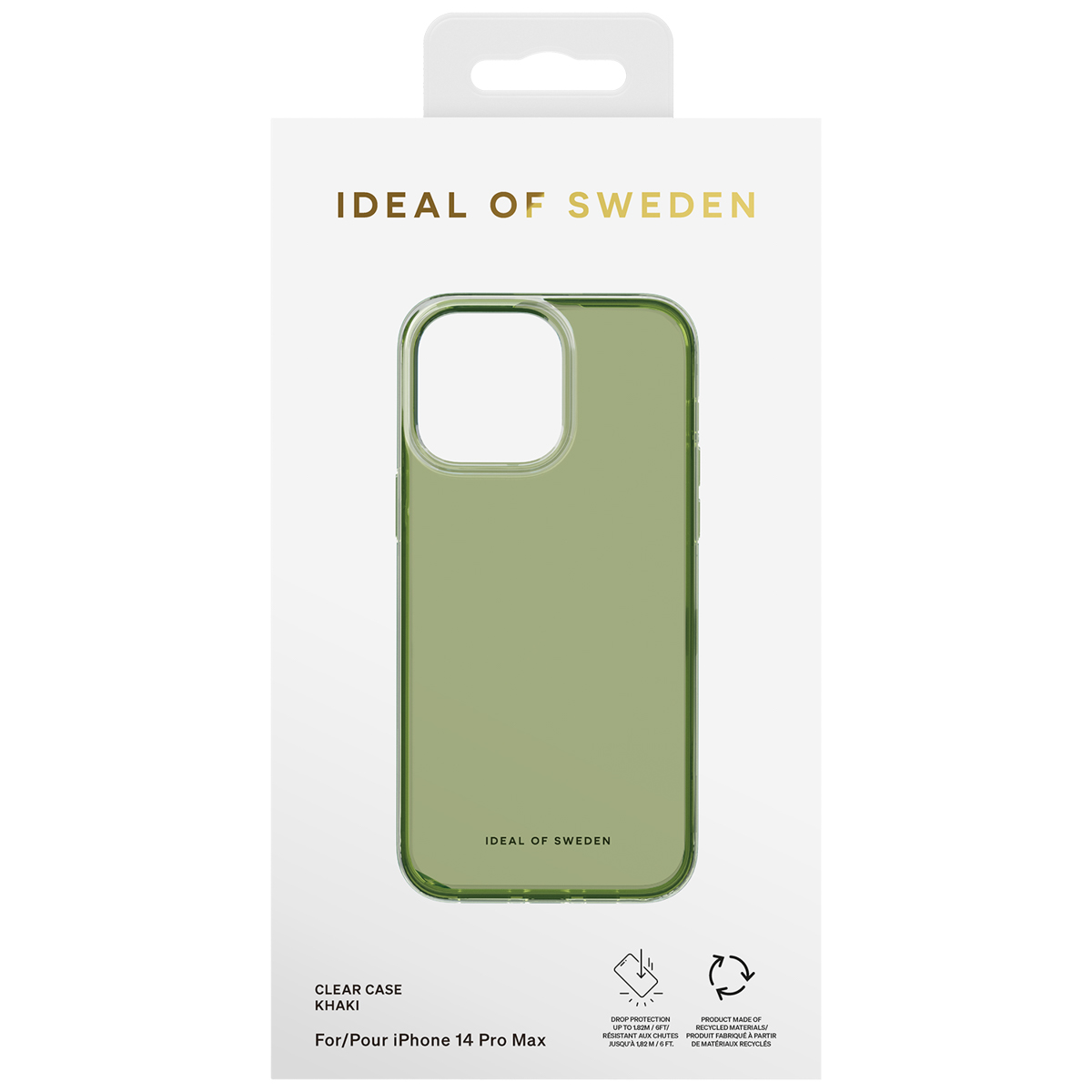 Grüne iPhone 14 Pro Max Hülle von Ideal of Sweden auf weißem Karton.
