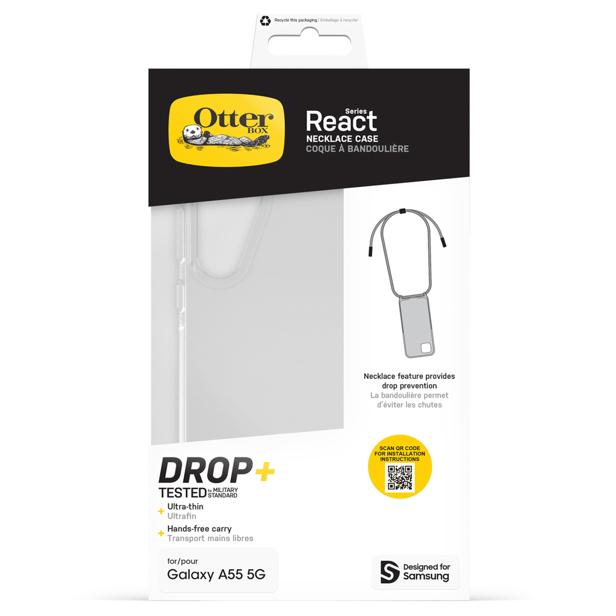 Otter Box React hoesje met ketting voor Galaxy A55 5G met valpreventie.
