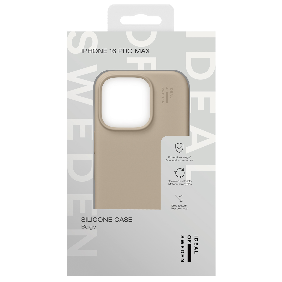 Beige iPhone 16 Pro Max Hülle von IDEAL OF SWEDEN mit Logo.