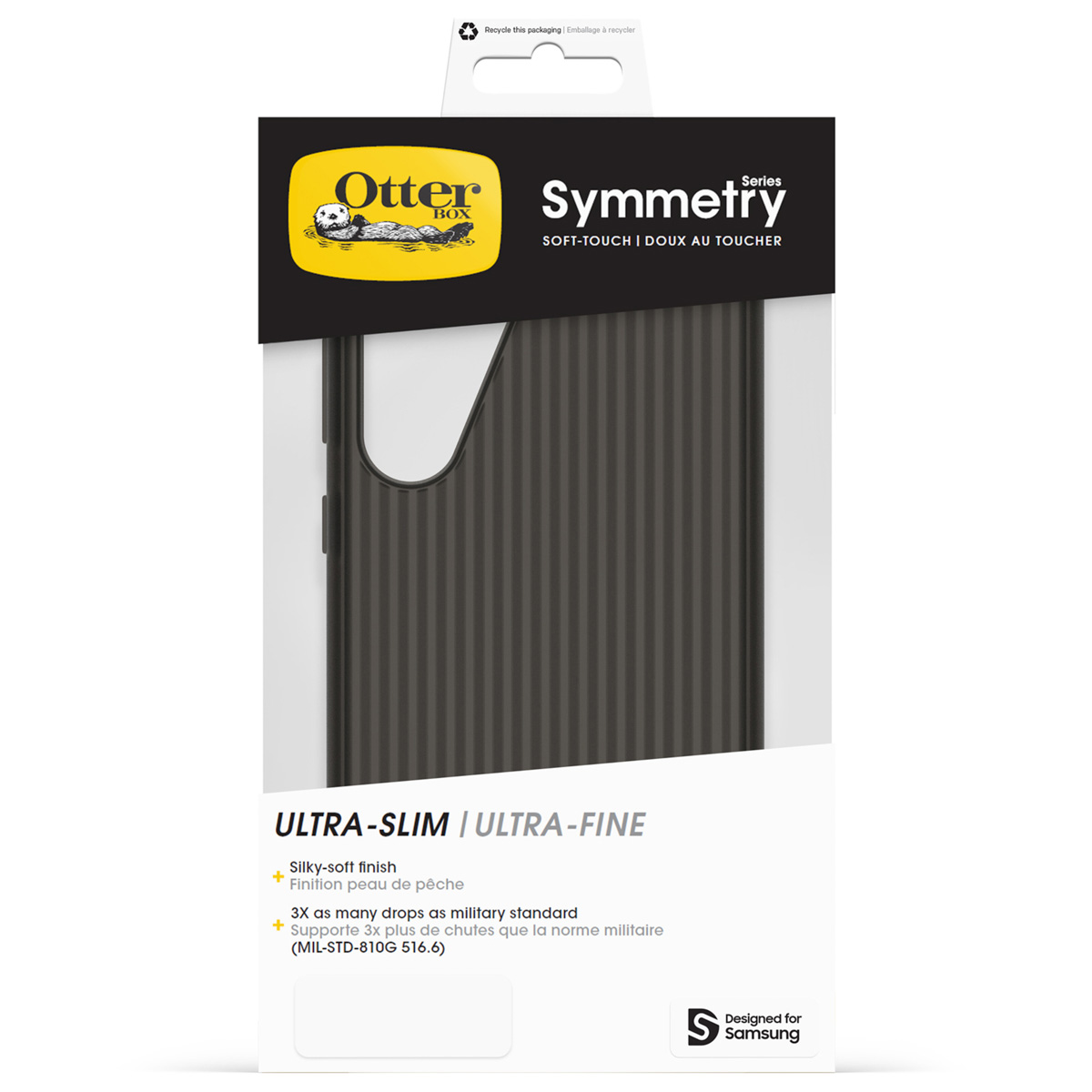 Coque OtterBox Symmetry pour téléphone, noire, design côtelé, Ultra-Slim.
