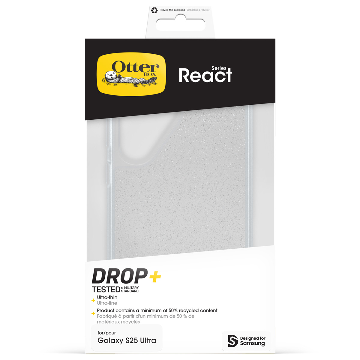 Custodia OtterBox React per Galaxy S25 Ultra, glitterata, riciclabile.