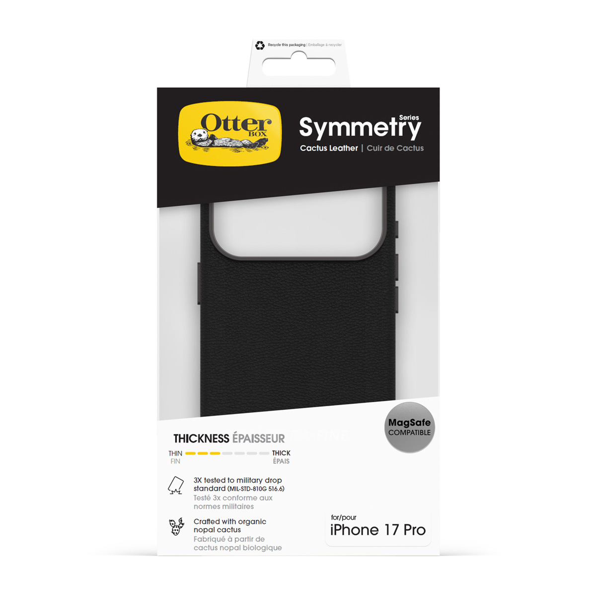 OtterBox Symmetry iPhone 17 Pro hoesje in zwart cactussenleer, MagSafe compatibel.
