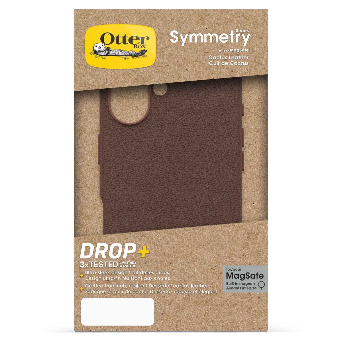 Étui marron en cuir pour MagSafe avec logo OtterBox et marque Drop+.