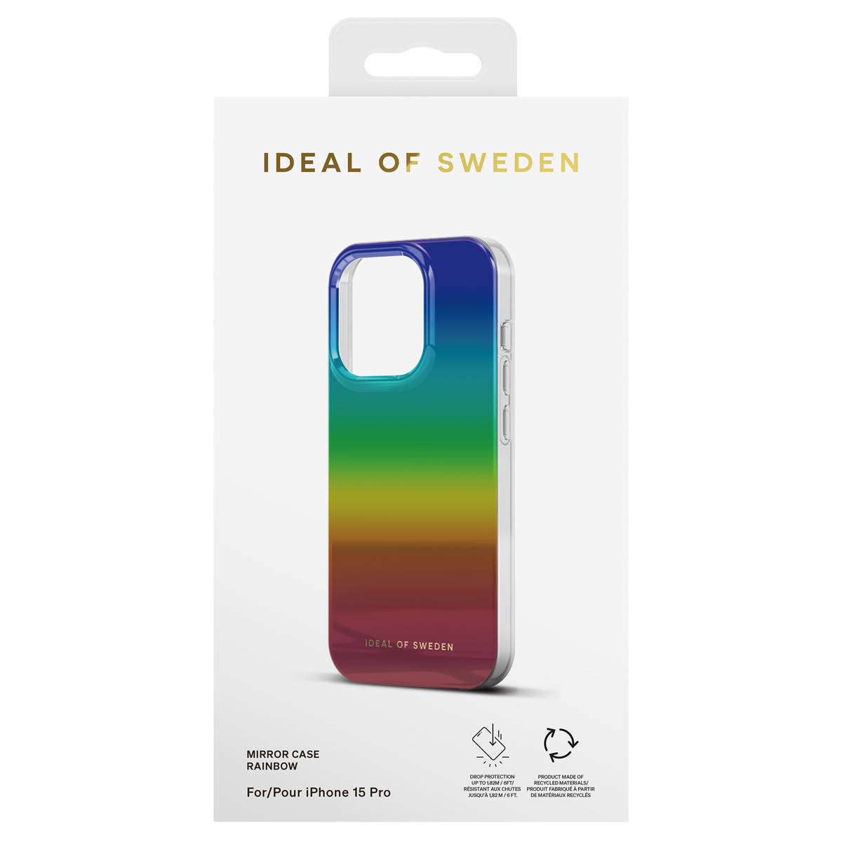 Verpackung für eine "Mirror Case Rainbow" Hülle für das iPhone 15 Pro.