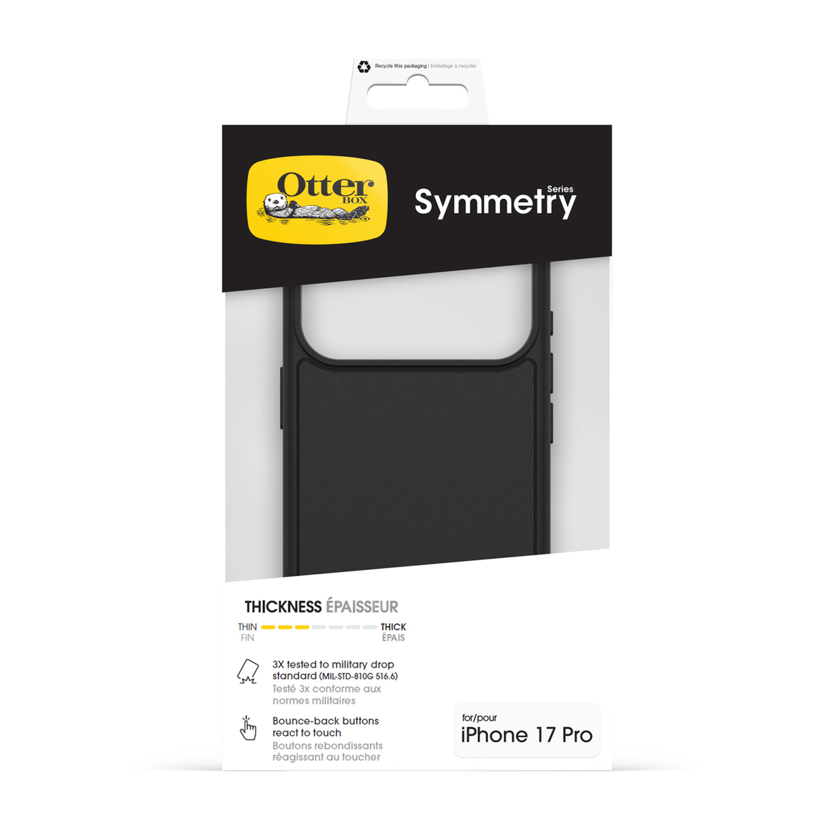 Zwarte OtterBox Symmetry hoes voor iPhone 17 Pro op verpakking.