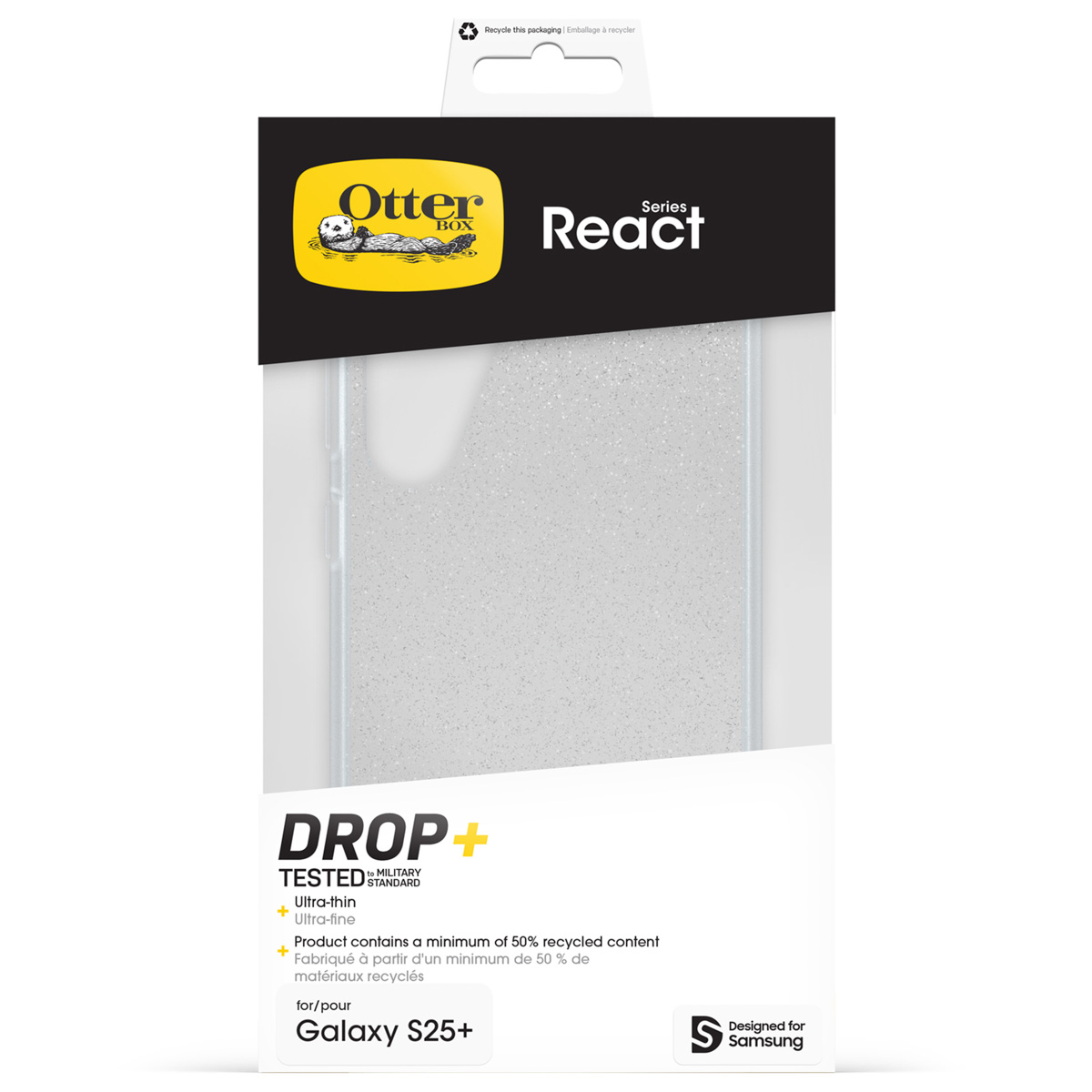 OtterBox React hoesje voor Galaxy S25+, wit, glitter.