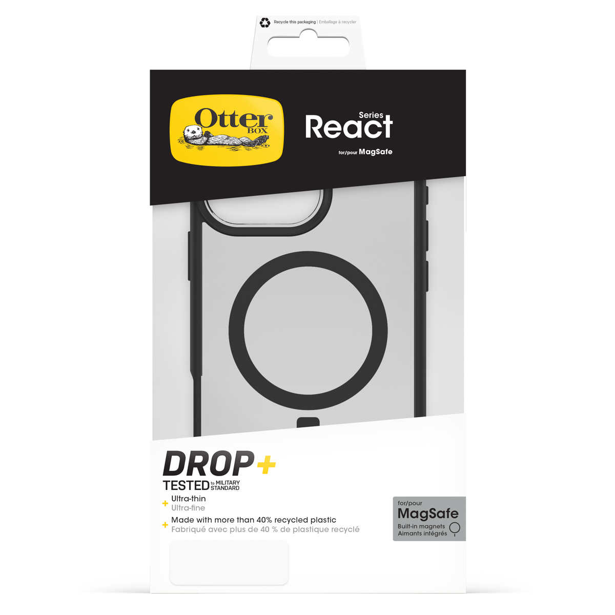 Custodia OtterBox React MagSafe con sigillo "DROP+" e nota riciclo.