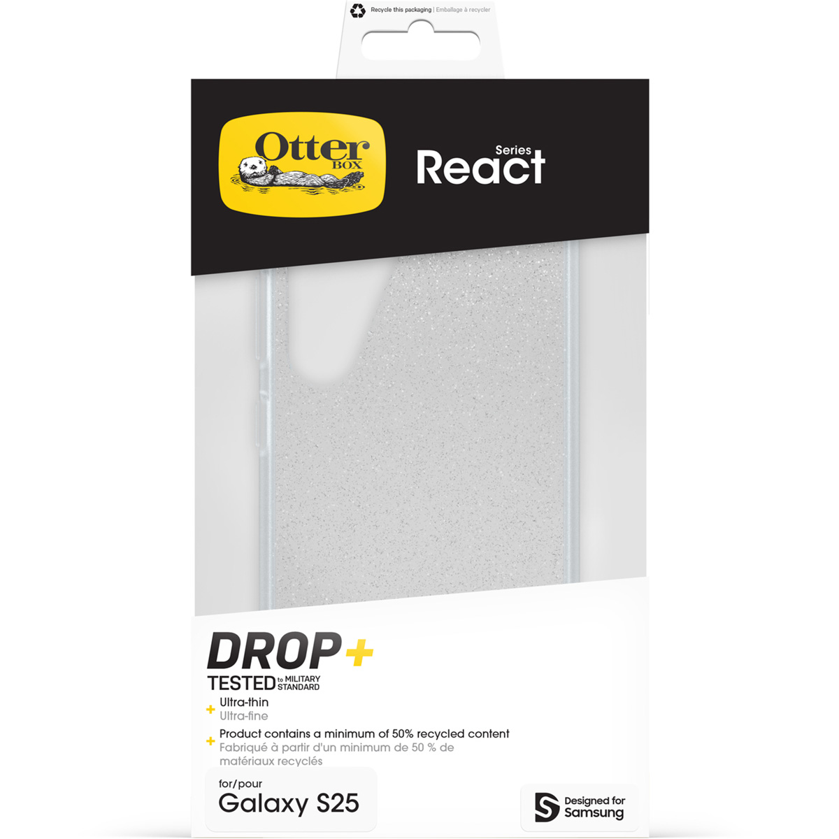 Coque OtterBox React pour Galaxy S25, transparente pailletée.