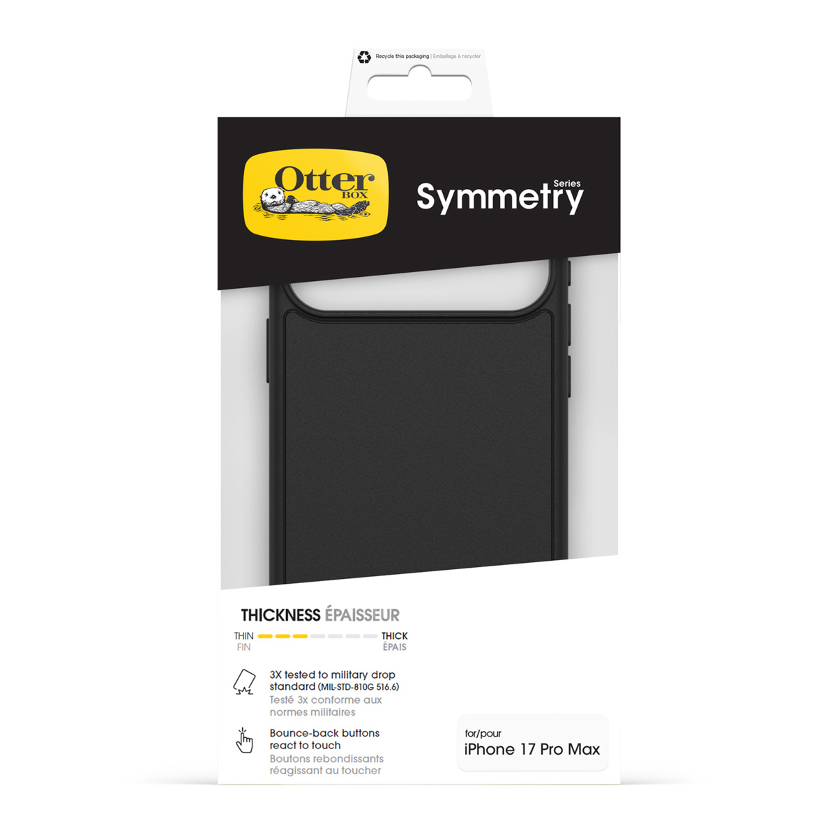 Coque noire OtterBox Symmetry pour iPhone 17 Pro Max sur fond blanc.
