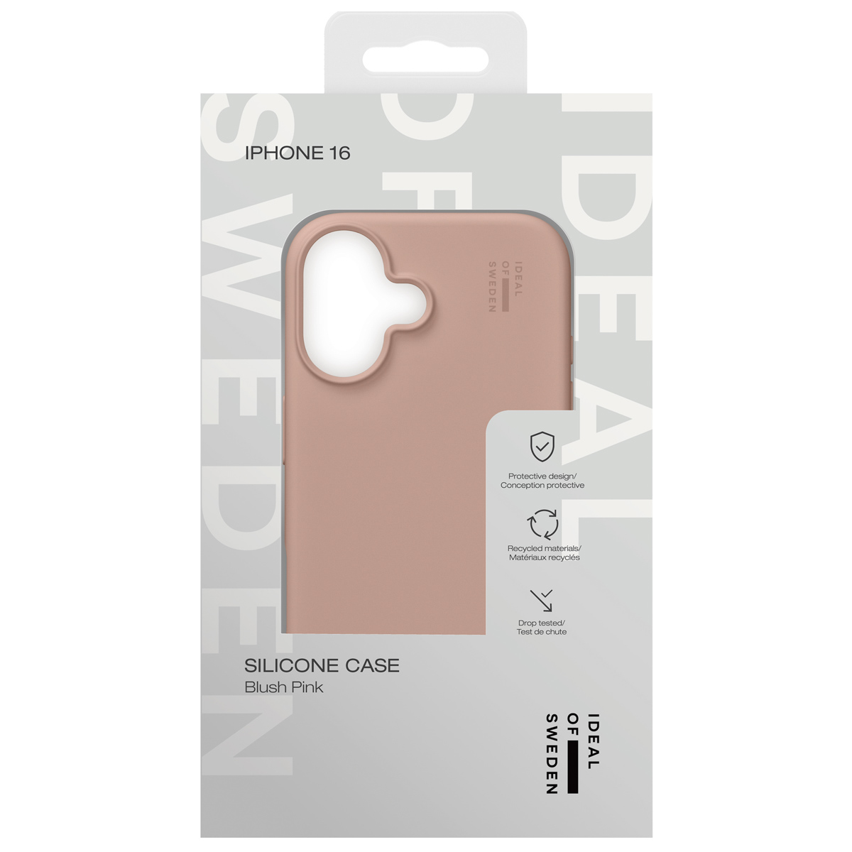 Verpackung für eine rosafarbene iPhone 16 Hülle aus Silikon.