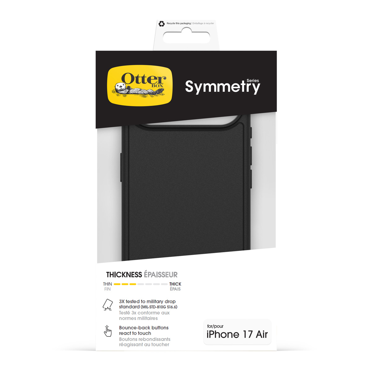 Coque noire OtterBox Symmetry pour iPhone 17 Air avec protection anti-chute.