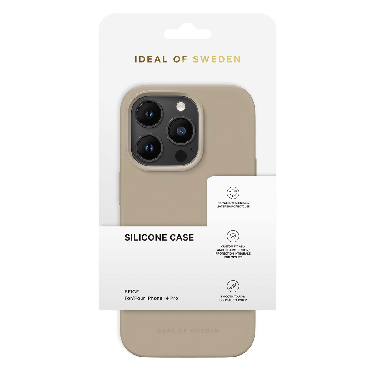 Beżowe etui na iPhone 14 Pro od Ideal of Sweden w opakowaniu.