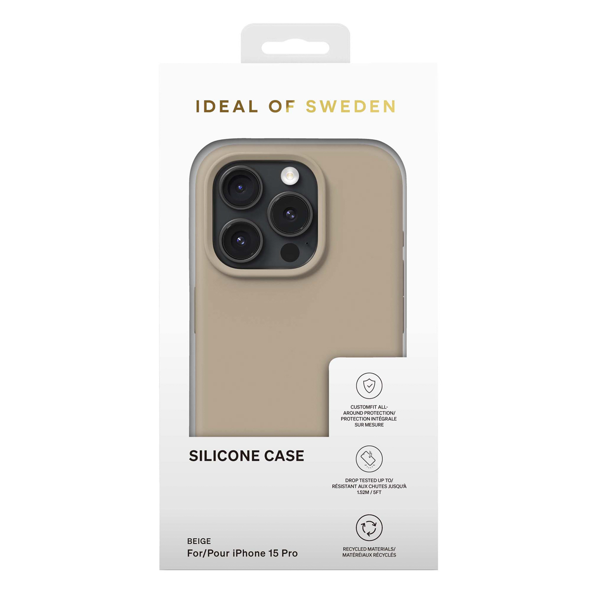 Beige iPhone 15 Pro Hülle von Ideal of Sweden mit drei Kameralinsen.