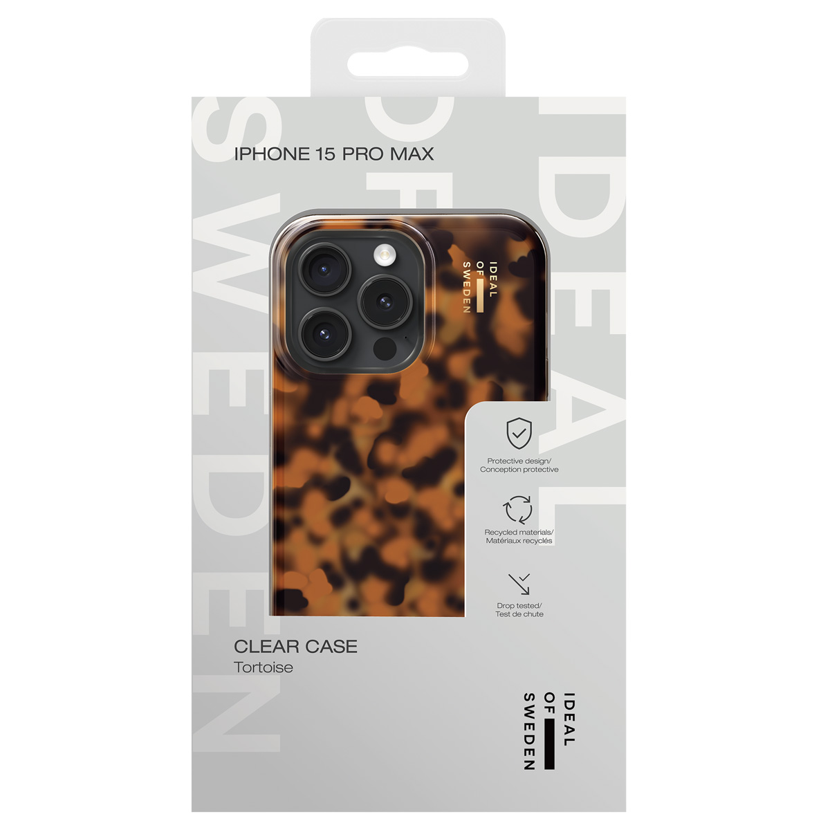 Verpackung für eine iPhone 15 Pro Max Hülle mit Schildpattmuster.
