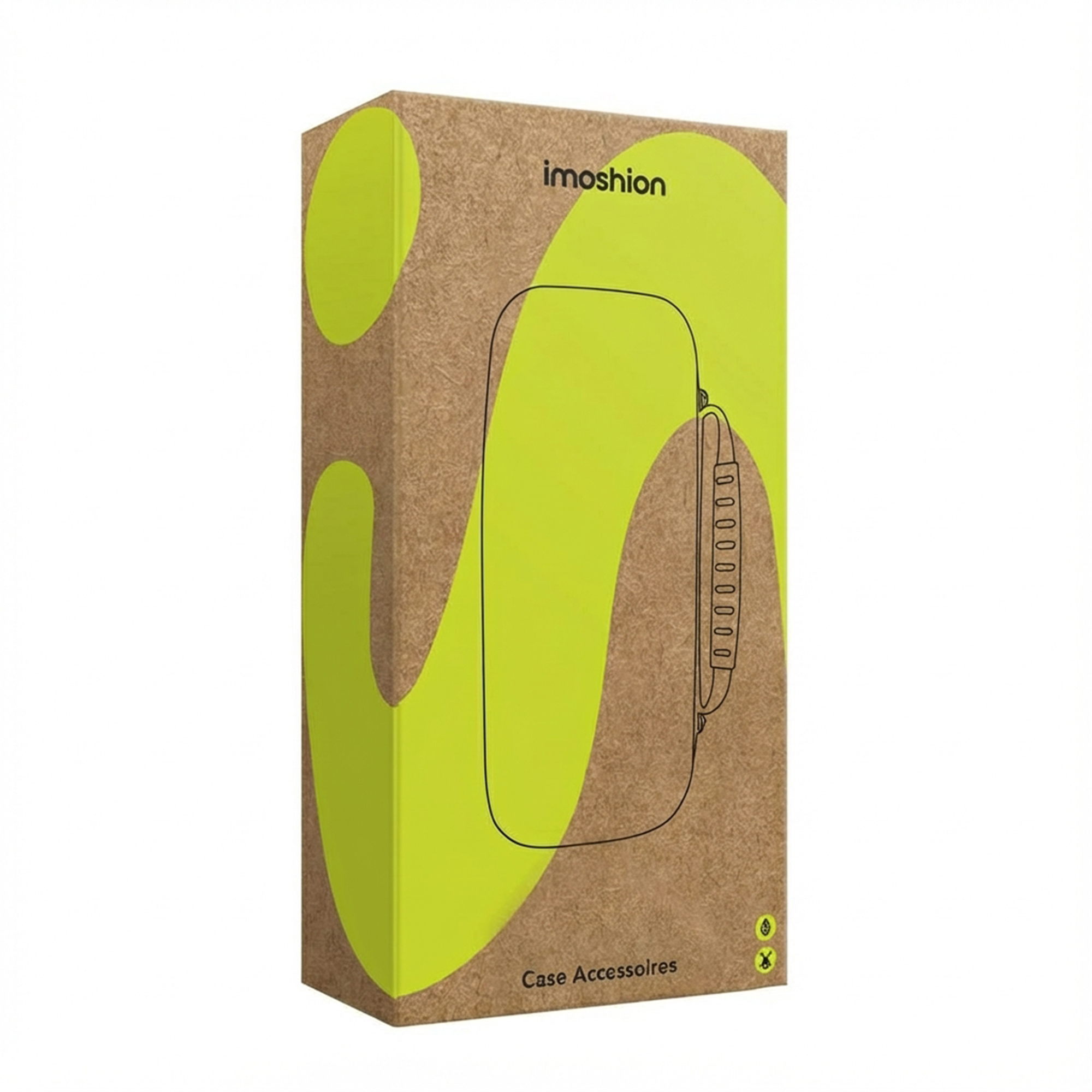 Brown box with neon green lines and a phone case outline.