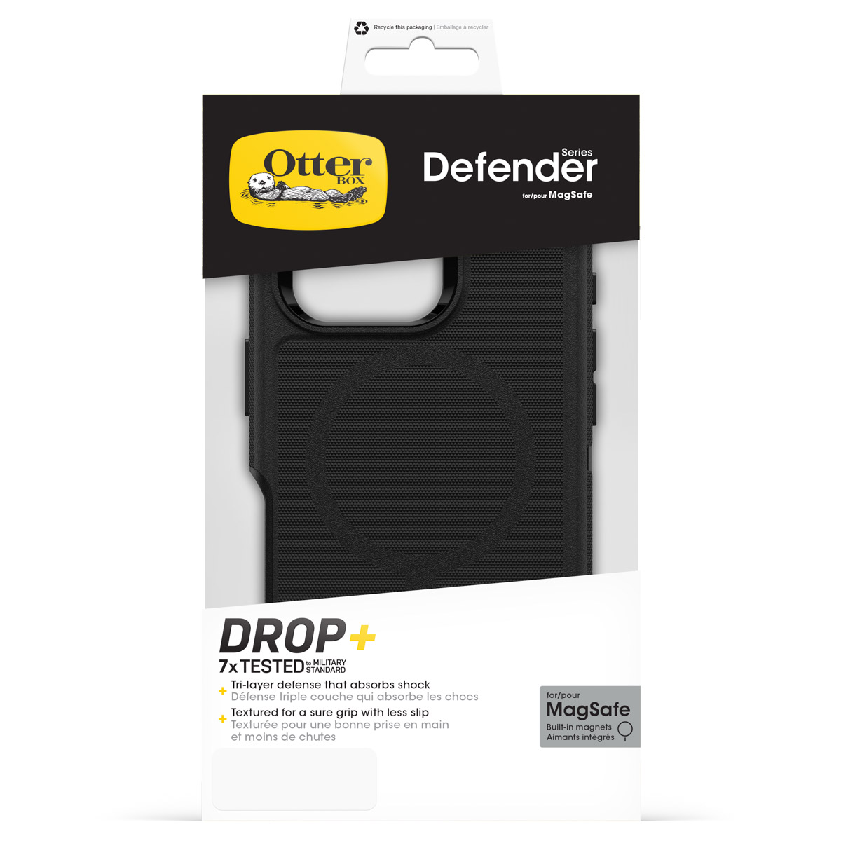 Coque Otterbox Defender noire pour MagSafe avec texte.