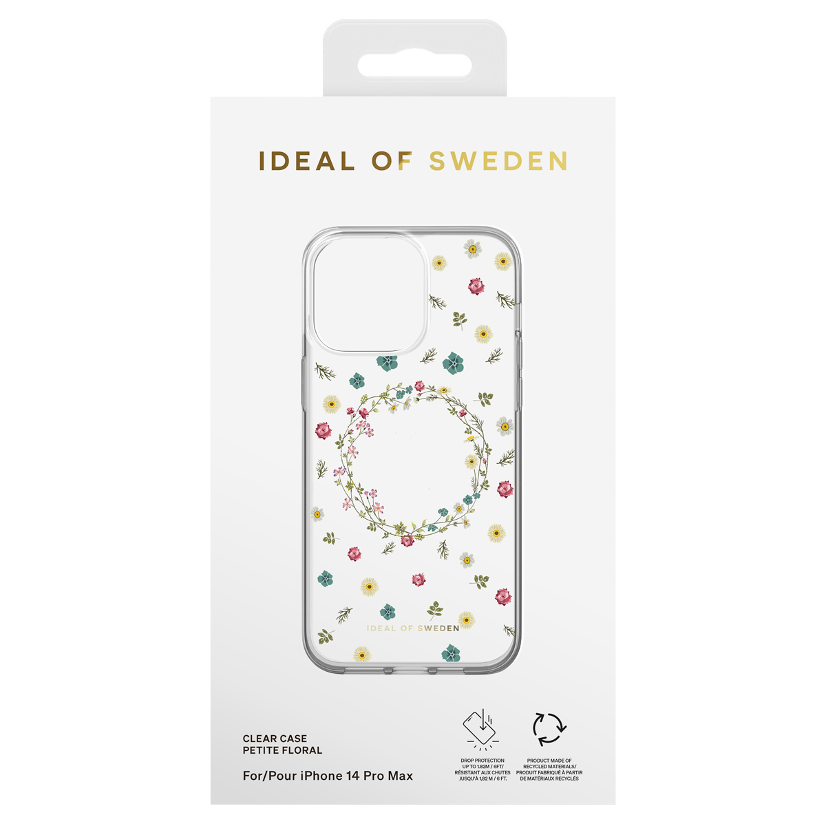 iPhone 14 Pro Max Hülle mit kleinem Blumenmuster und einem Kranz in der Mitte.