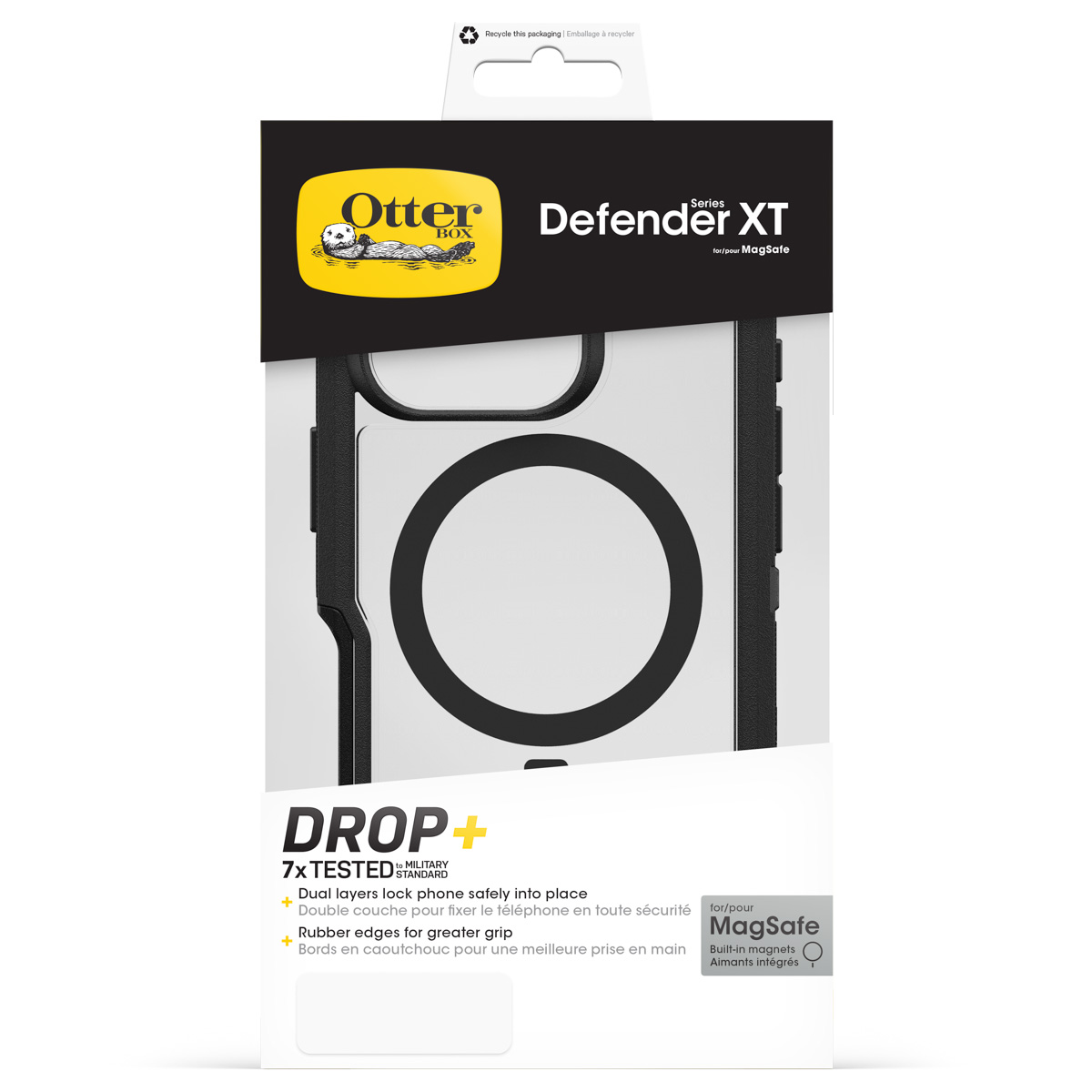 Custodia OtterBox Defender XT con MagSafe, nera e trasparente, per iPhone.