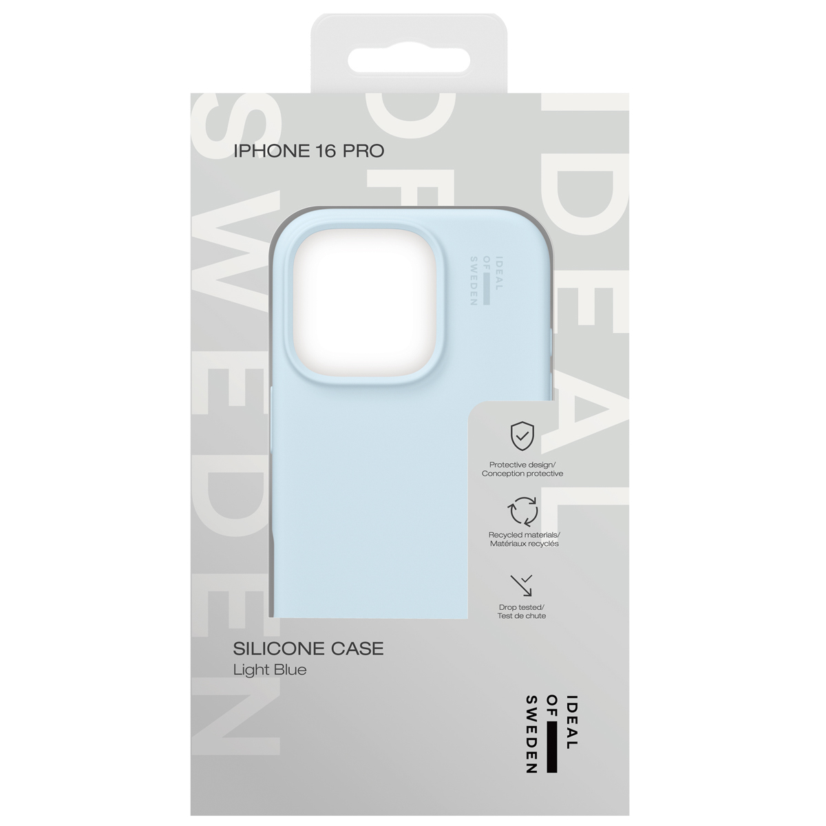 Hellblaue iPhone 16 Pro Silikonhülle von Ideal of Sweden auf Verpackung.