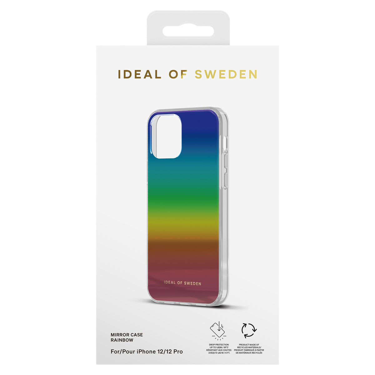 Eine iPhone Hülle mit Regenbogen-Verlauf auf weißem Karton.