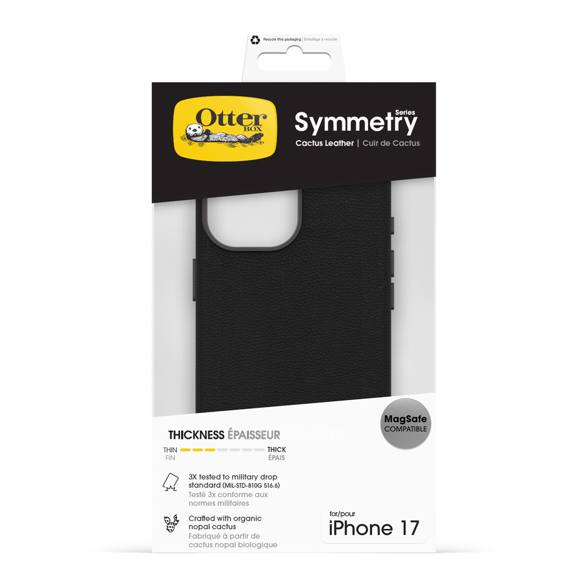 Funda negra Otterbox Symmetry para iPhone 17, cuero de cactus, compatible con MagSafe.