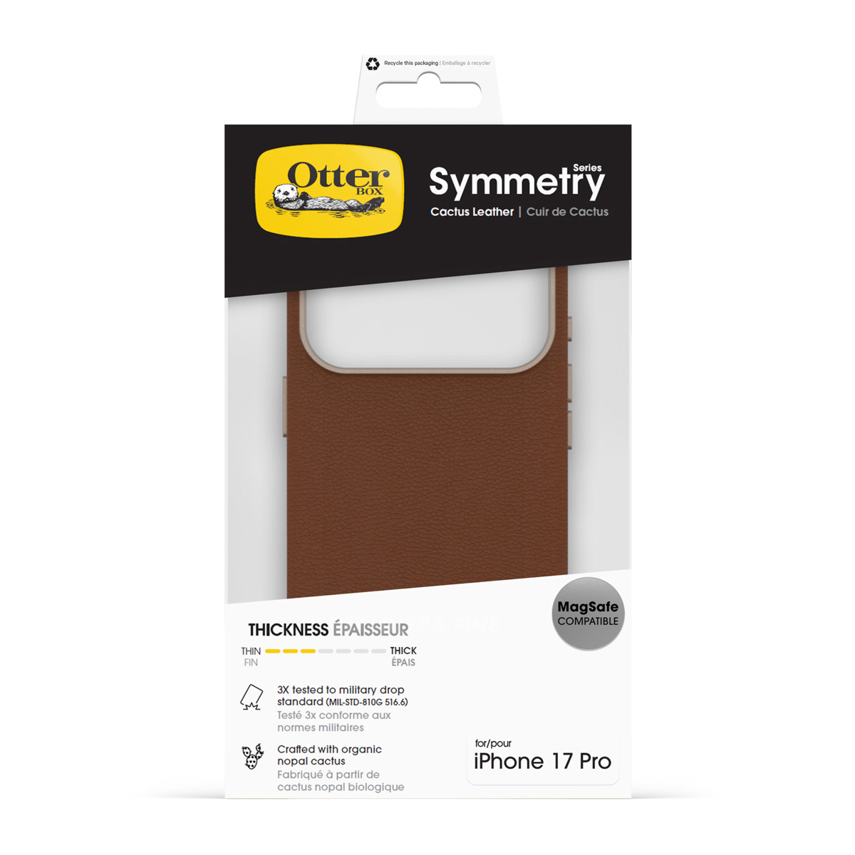 OtterBox Symmetry iPhone 17 Pro hoesje van bruin cactusleer, MagSafe compatibel.