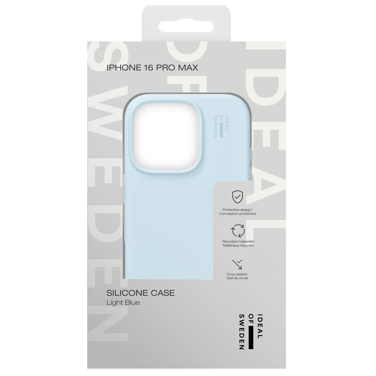 Hellblaue Handyhülle für iPhone 16 Pro Max auf Kartonverpackung.