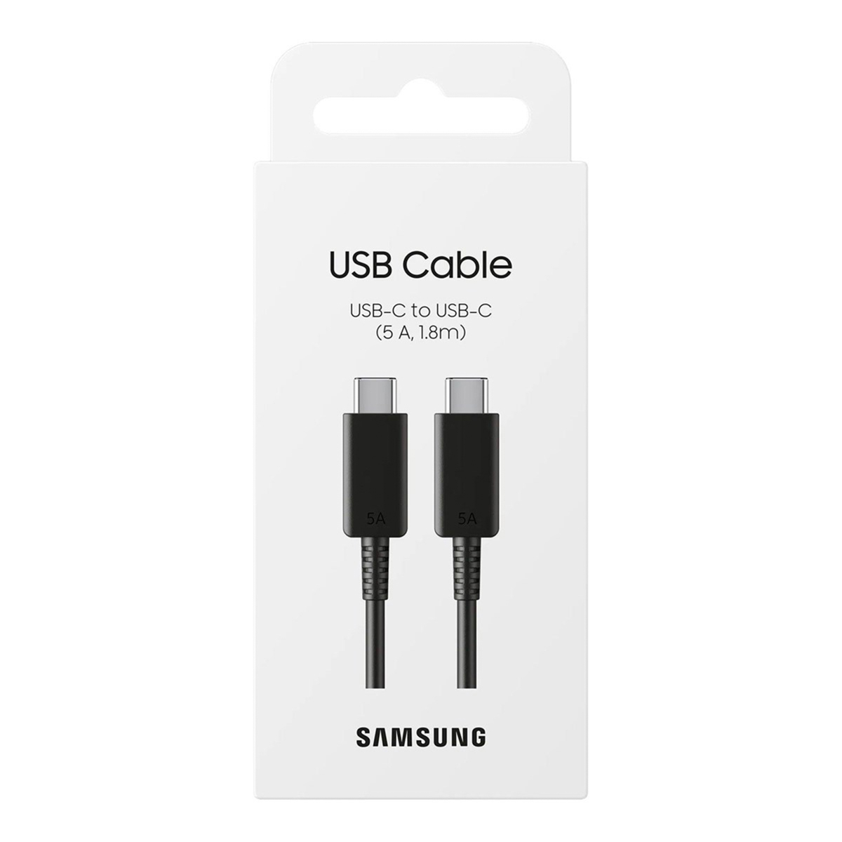 Samsung USB-C to USB-C cable (5A, 1.8m) in white packaging.