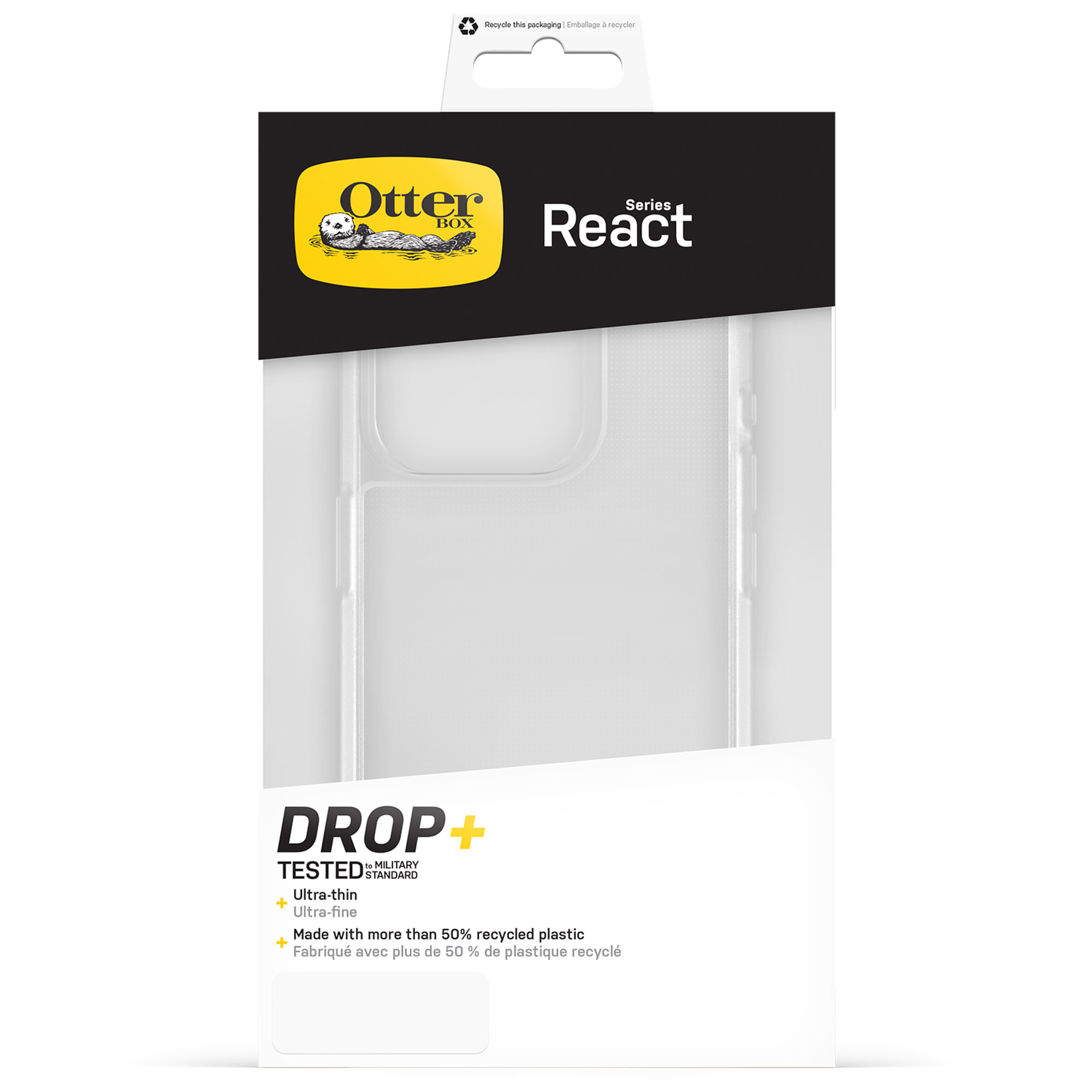 OtterBox React Schutzhülle, transparent, mit Drop+ Test Zeichen.