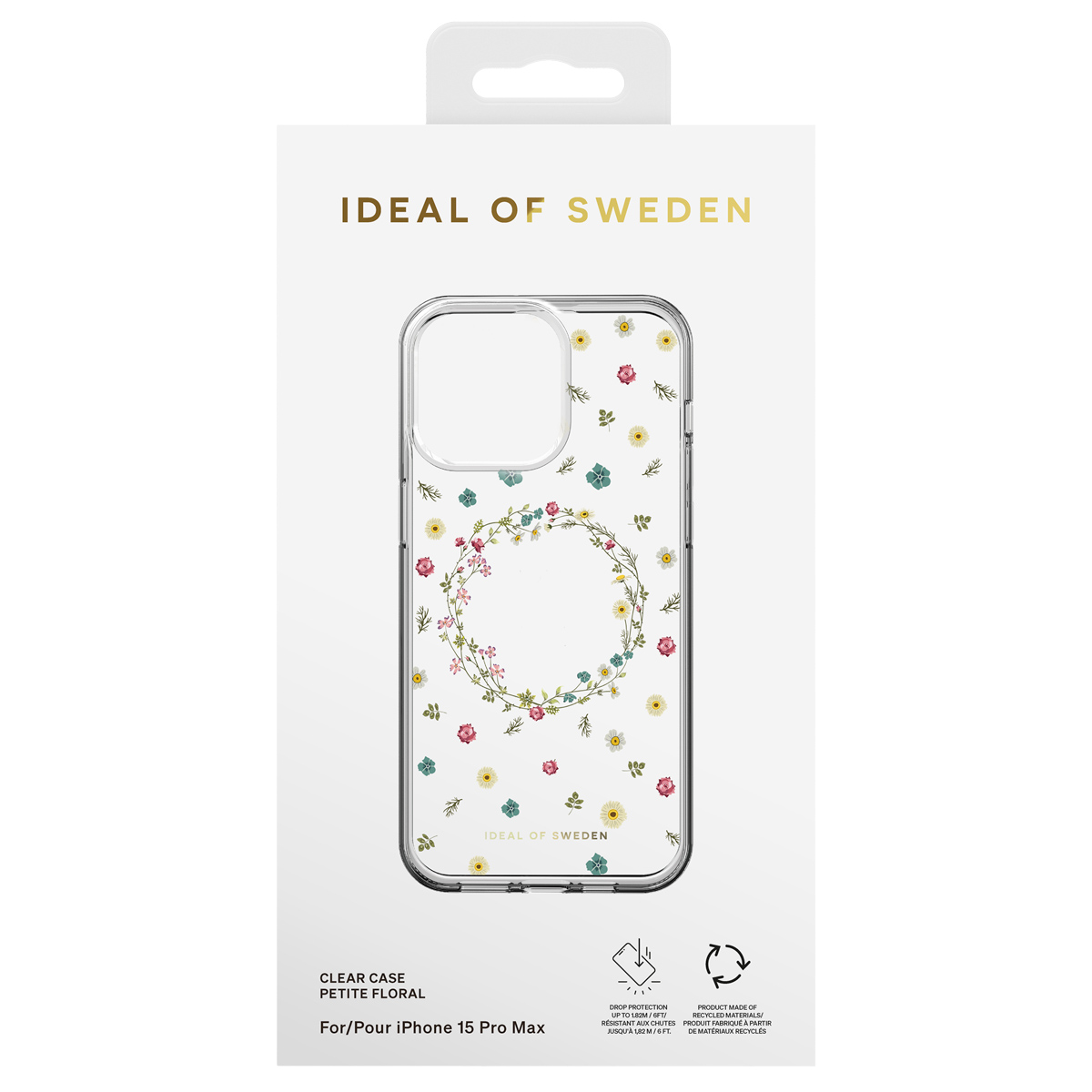 Transparente Hülle für iPhone 15 Pro Max mit Blumenmuster und Aufhängeschlaufe.