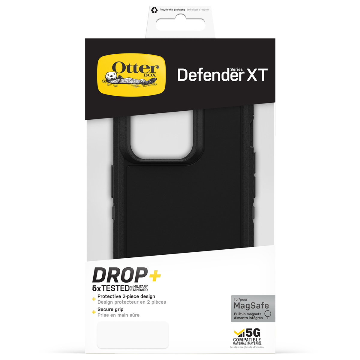 Black OtterBox Defender XT phone case with MagSafe compatibility and 5G logo.