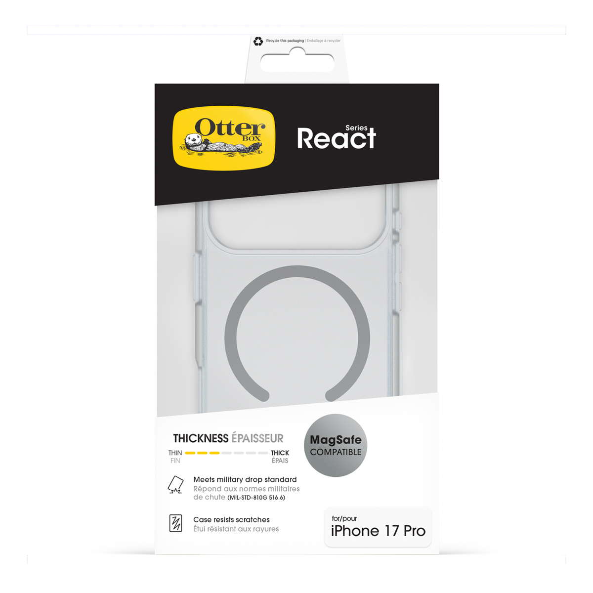 OtterBox React hoesje voor iPhone 17 Pro, MagSafe compatibel, militaire valnorm.