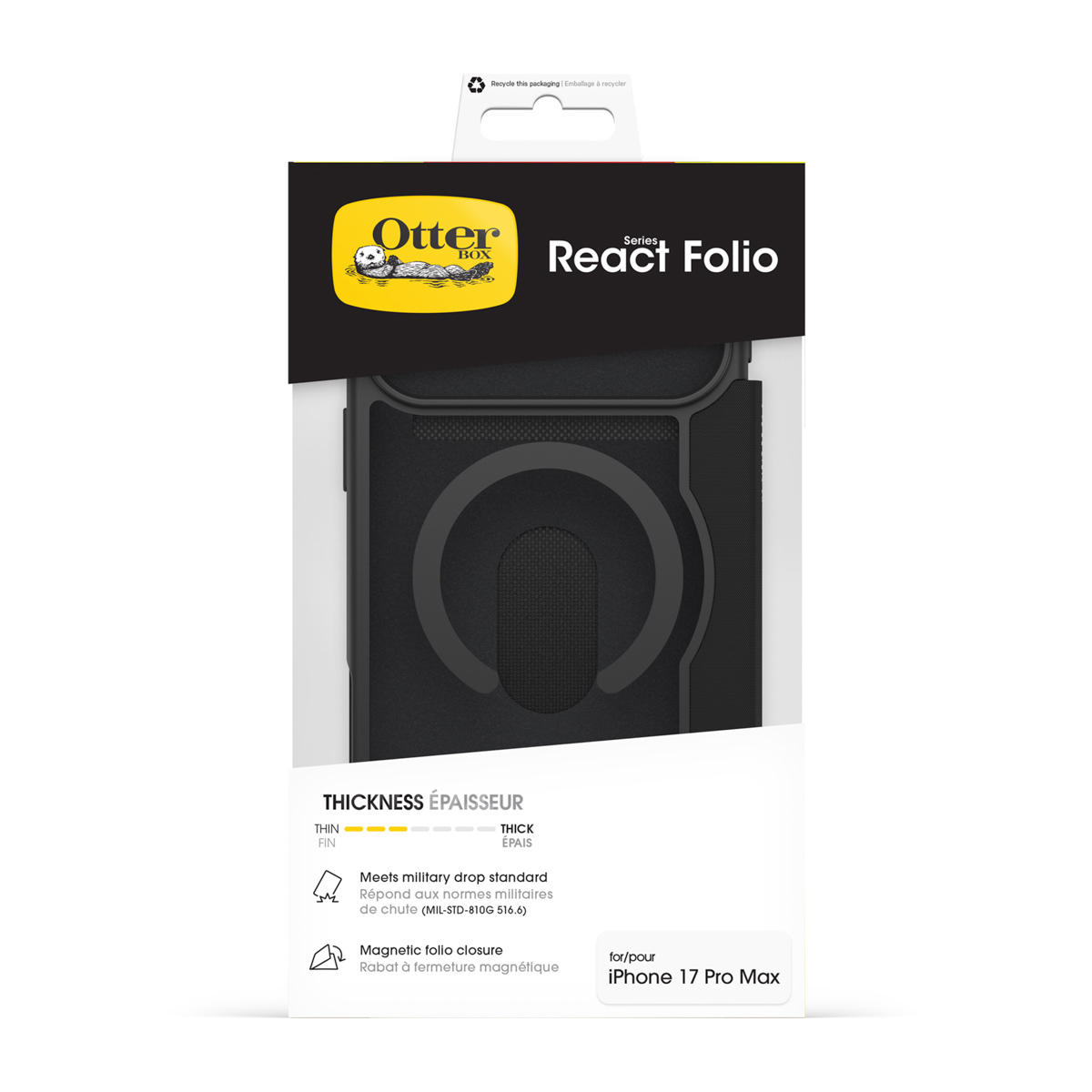 OtterBox React Folio hoesje voor iPhone 17 Pro Max, zwart, militaire valbescherming.