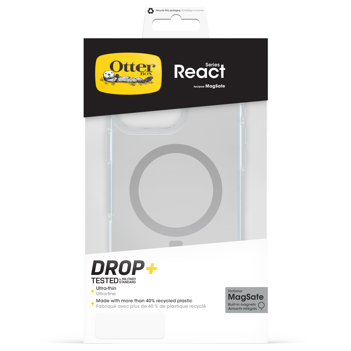 Coque OtterBox React pour MagSafe, ultra-fine, faite de plastique recyclé à 40%.