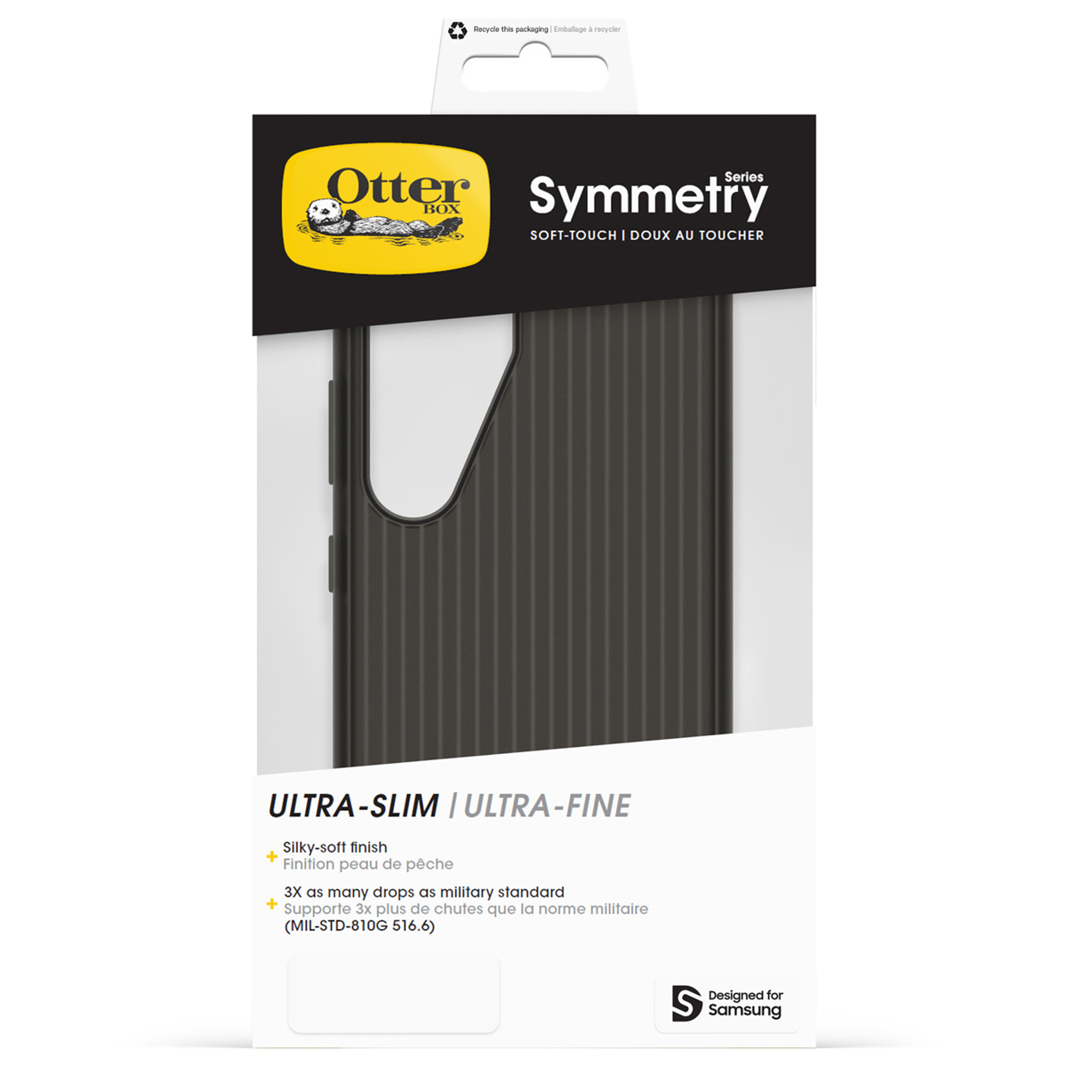 Verpakking van een zwarte Otterbox Symmetry telefoonhoes voor Samsung.