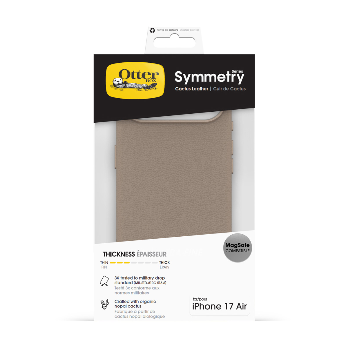 Coque Otterbox Symmetry pour iPhone 17 Air, cuir de cactus, compatible MagSafe.