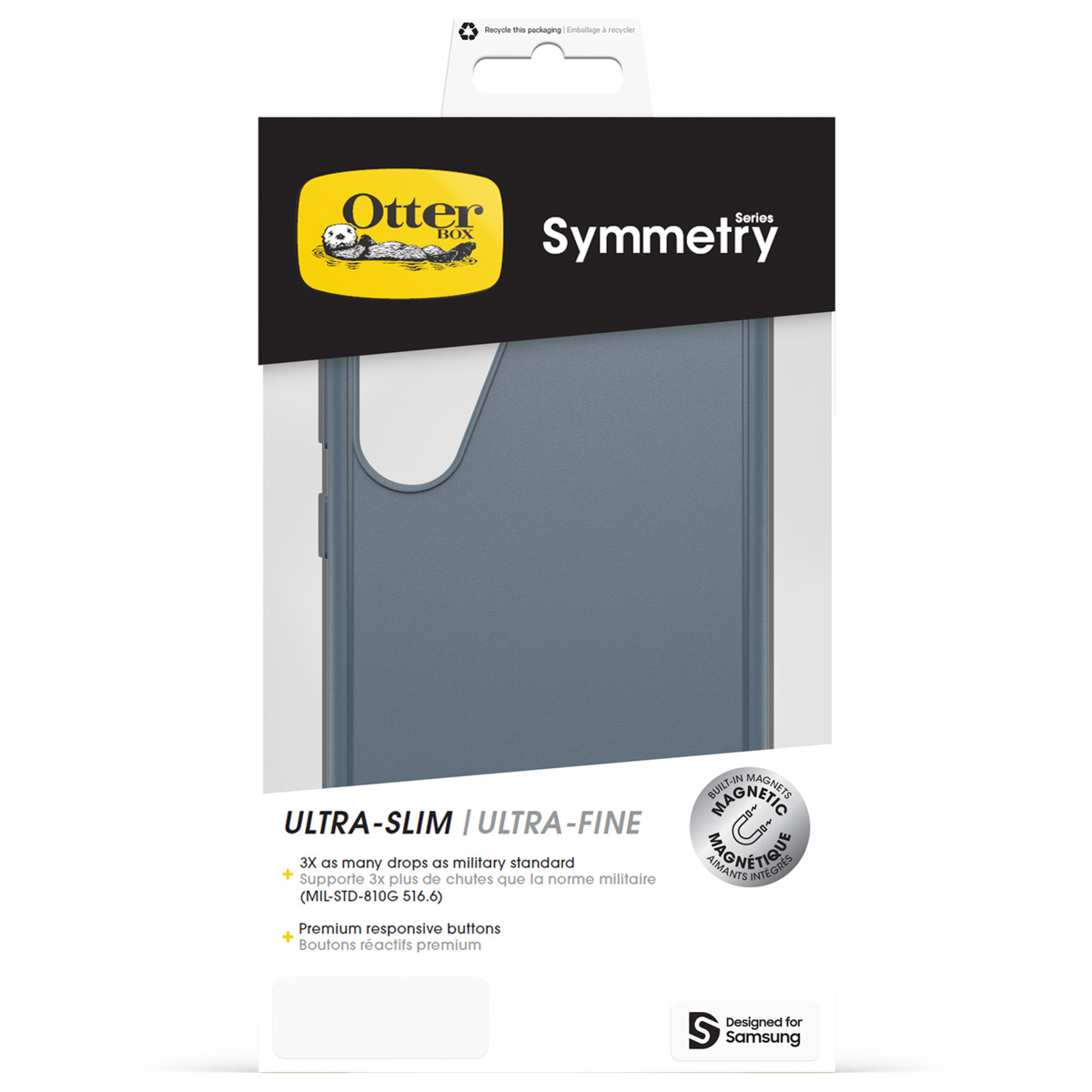 OtterBox Symmetry telefoonhoes verpakking, blauw, met opdruk.