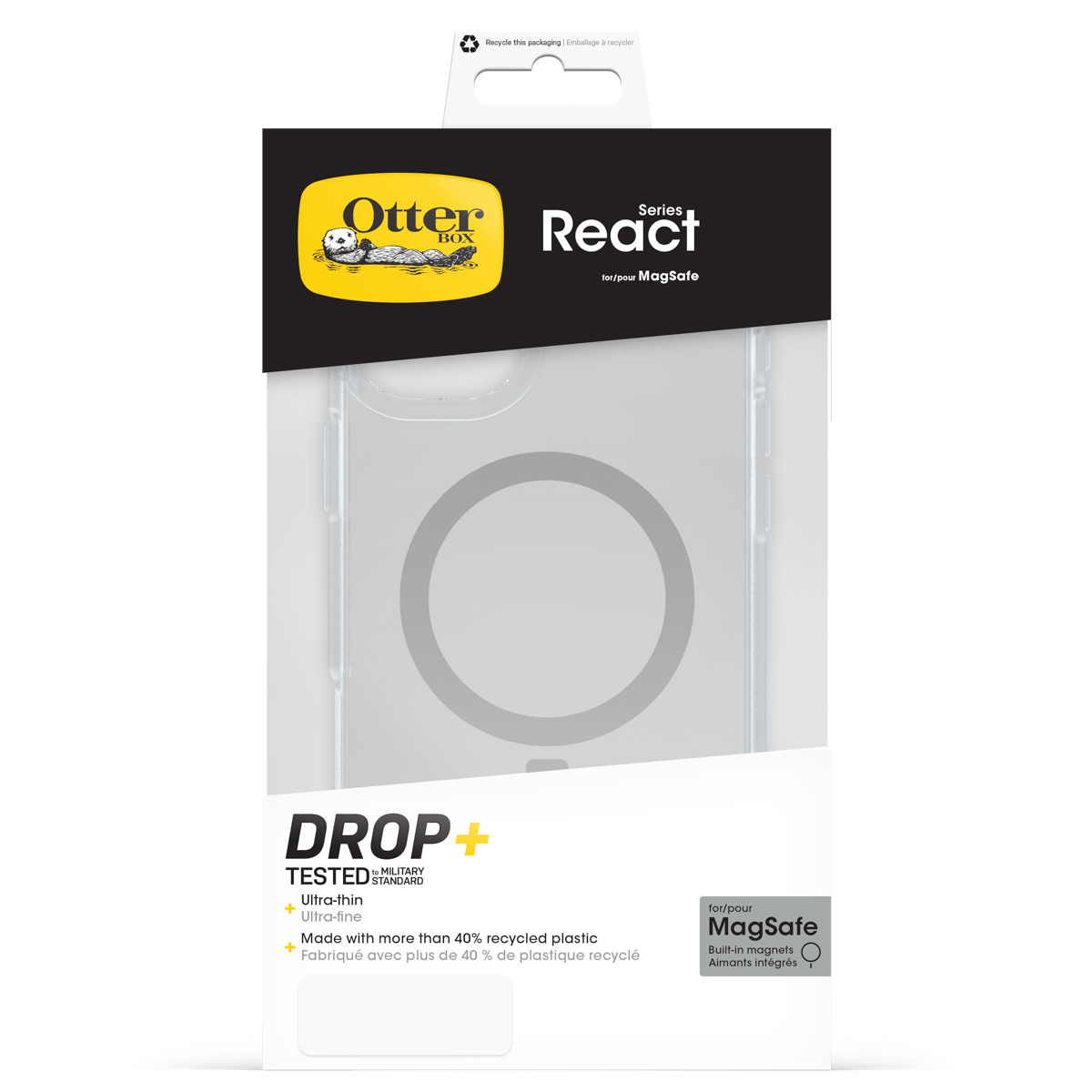 OtterBox React MagSafe hoesje met DROP+ test. Gemaakt van gerecycled plastic.